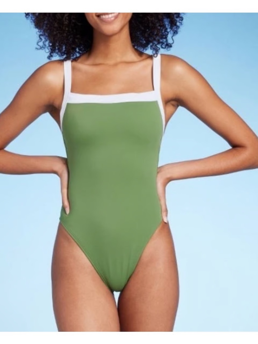 NWT Shade & Shore Green One-Piece Swimsuit with White Trim